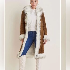 VENUS Brown and White Faux Fur Trim Pea Coat